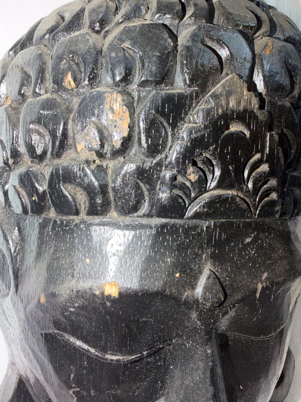 Vintage Hand Carved Wood Buddha Mask Wall Hanging Black Distressed 9.5" - Picture 3 of 6